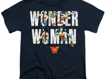 WONDER WOMAN : WONDER WOMAN 80TH ILLUSTRATED TYPE S\S YOUTH Cotton 18\1 Navy LG Sale