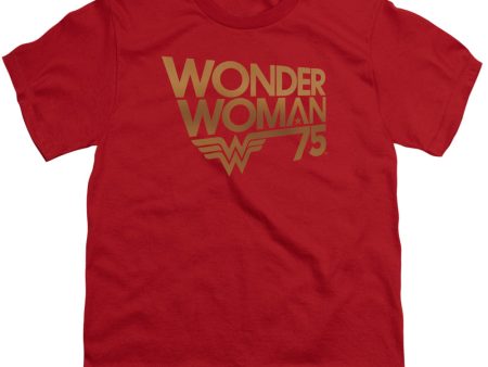 WONDER WOMAN : WONDER WOMAN 75TH ANNIVERSARY GOLD LOGO S\S YOUTH Cotton 18\1 Red XL For Cheap