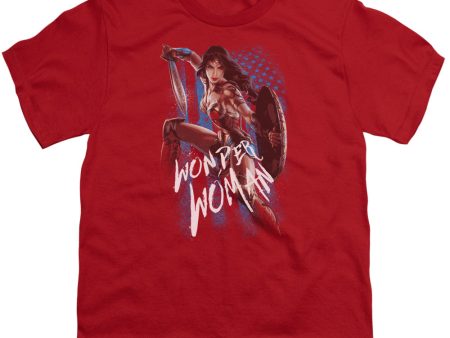 WONDER WOMAN MOVIE : AMERICAN HERO S\S YOUTH Cotton 18\1 Red MD Sale